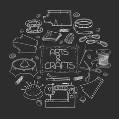 Hand drawn vector sewing set, sewing doodle collection illustration, hand made craft supplies and accessories for sewing on black background. Vector sewing equipment, arts and crafts