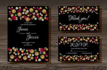 Unique vector wedding cards template with gold glitter texture decoration on wood texture background, Wedding invitation or save the date, RSVP and thank you card for bridal design, trendy gold style