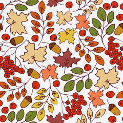 Autumn seamless pattern. Maple Leaves, Rowanberries and Acorns