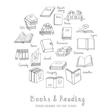 Hand drawn doodle Books and Reading set Vector illustration Sketchy book icons reading books elements Set of books Vector symbols of reading and learning Book club illustration, Education logo element