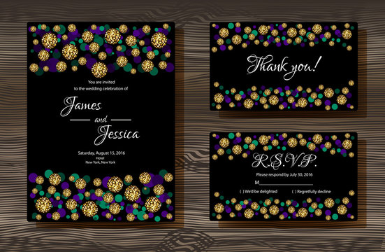 Unique vector wedding cards template with gold glitter texture decoration on wood texture background, Wedding invitation or save the date, RSVP and thank you card for bridal design, trendy gold style