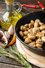 fried mushrooms in a cast iron skillet