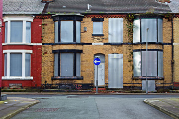 A street of boarded up derelict houses awaiting regeneration in - 98486027