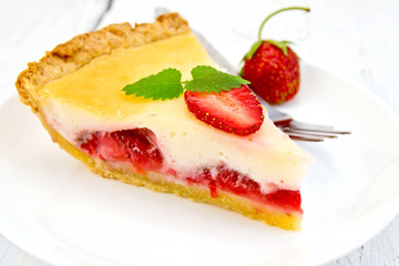 Pie strawberry with sour cream on light  board
