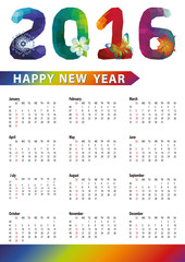 Calendar 2016.Polygon numbers,rainbow colors.Vertical