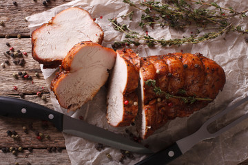 homemade food: roasted turkey breast close-up. horizontal
