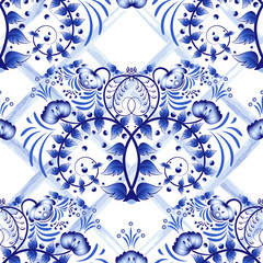 Seamless blue floral pattern with lattice strips of watercolor. Imitation of painting on porcelain in the Russian style Gzhel or Chinese painting.