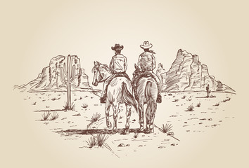 Hand drawn of two cowboys riding horses in desert