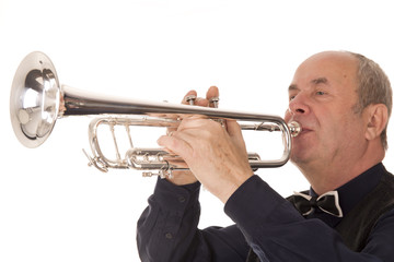 man playing trumpet on a white background