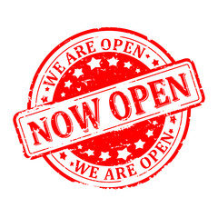 Scratched red round seal with the inscription - now open, we are open - vector svg