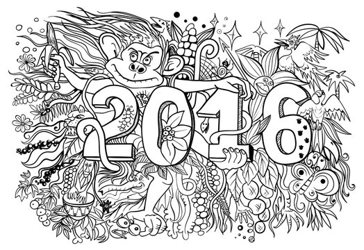 Preview 2016 New Year's with monkeys and money. vector image, sketch