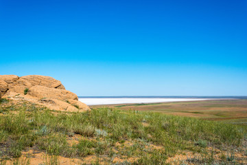 Views of the lake Baskunchak with mount Big Bogdo.