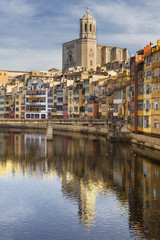 Fototapeta na wymiar River water reflection in Girona's landmark cathedral, Catalonia.