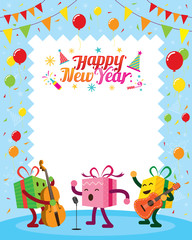 Gift Boxes Character Playing Music with Happy New Year Decoration, Balloons, Confetti, Flag