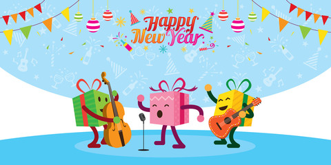 Gift Boxes Character Playing Music with Happy New Year Decoration, Confetti, Flag