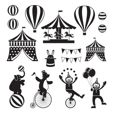 Circus Objects Icons Mono Set, Amusement Park, Theme Park, Carnival, Fun Fair