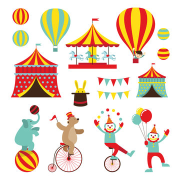 Circus Objects Flat Icons Set, Amusement Park, Theme Park, Carnival, Fun Fair