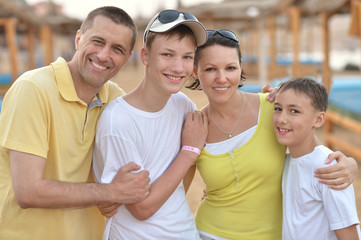 Family at tropical resort.