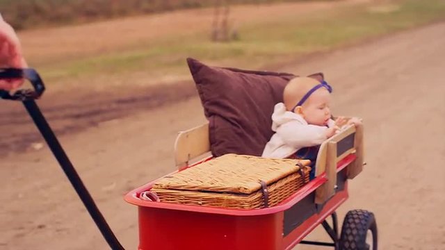 A baby being pulled in a wagon at a pumpkin patch on a fall day