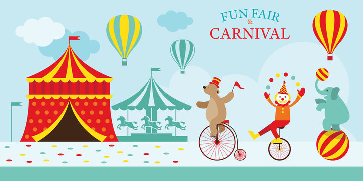 Circus Tent with Clown Show, Amusement Park, Carnival, Fun Fair, Theme Park, Day Scene