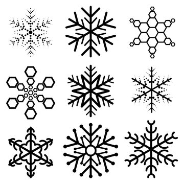Set of nine snowflakes on a white background