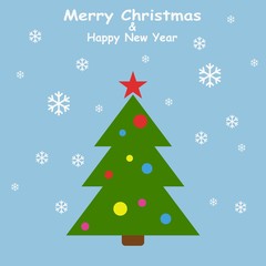 Christmas tree in flat style with snowflakes on blue background.