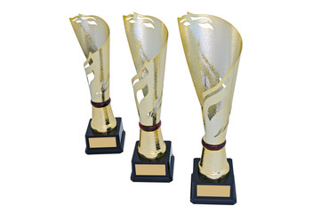 Three metal award cups of different height of gold color