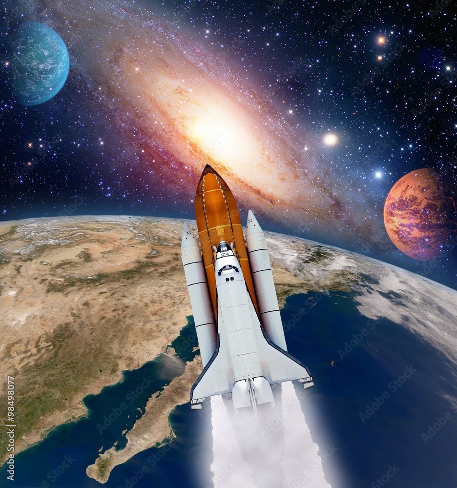 Sticker shuttle rocket ship launch milky way galaxy mars planet solar system space. elements of this image f