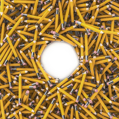 Pencil frame / 3D render of hundreds of yellow pencils framing copy space