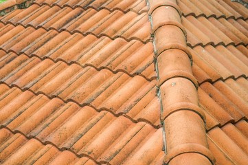 Closeup of the brown clay roof tiles