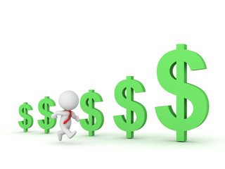 3D Character Businessman Running and Dollar Symbols