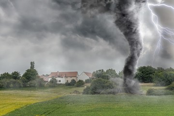 Black tornado funnel and lightning over field during thunderstorm - obrazy, fototapety, plakaty