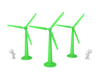 3D Characters Looking Up at Wind Turbines