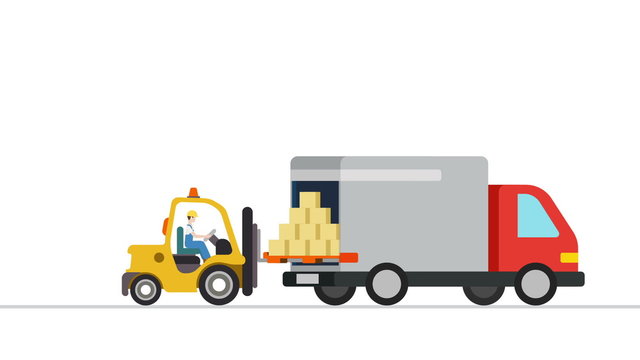 Forklift loader load boxes into a truck animation. Flat design looped animated process. Video concept for delivery service.
