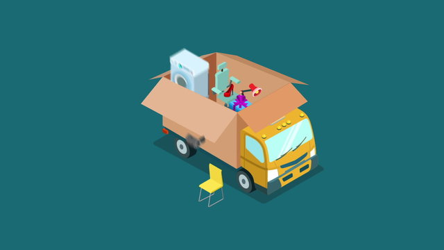 Online internet web shopping home office moving transportation or delivery service video concept. Mover van lorry delivers electronics goods gift present animated. Things fly out of the box animation