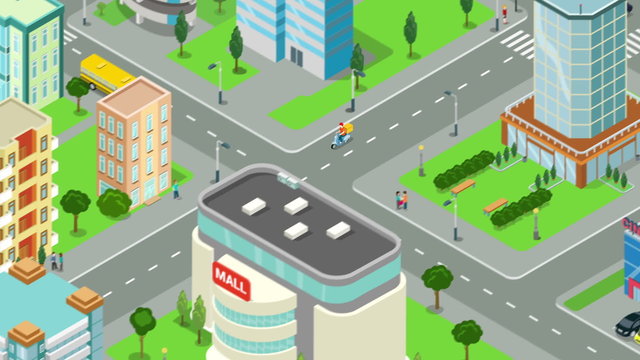 Delivery service of goods in megalopolis video concept.  Courier carries package. Man with box on scooter rides through the street of the city looped animated. Flat 3d isometric design animation.
