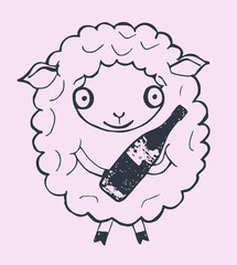 Obraz premium sheep with champagne, doodle style, sketch illustration, hand drawn, vector