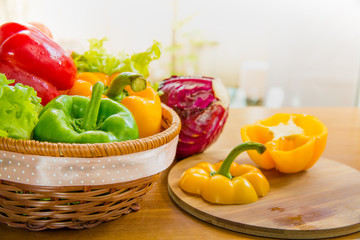 Healthy vegetable in basket put on wooden table