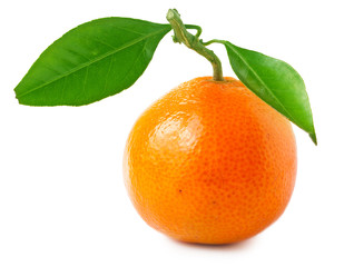 Tangerines with green leaves isolated on white background