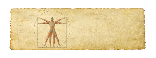 Conceptual vitruvian human body drawing on old paper background