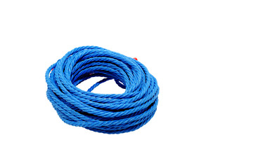 Blue nylon utility rope isolated on white background.