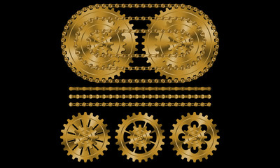 Set of golden gears and chains on black background.
