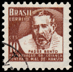 Stamp printed in Brazil, shows portrait of Padre Bento