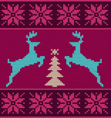 Horizontal seamless knitted pattern. Reindeer jumping Christmas tree and snowflakes. 