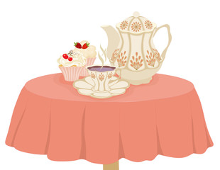 Kettle, Cup and cake of tea on the table.