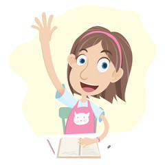 Girl student sitting at desk and raising her hand up