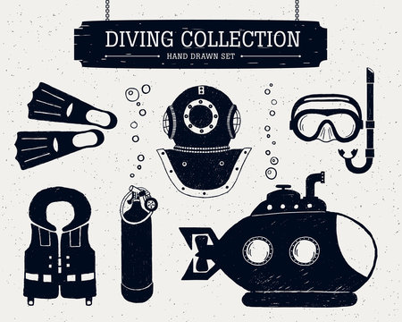 Hand drawn diving collection of elements.