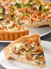 Quiche with broccoli, mushrooms and chicken