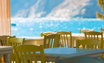 table in the restaurant on the sea background