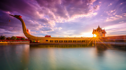 Thai temple built is boat on the pond